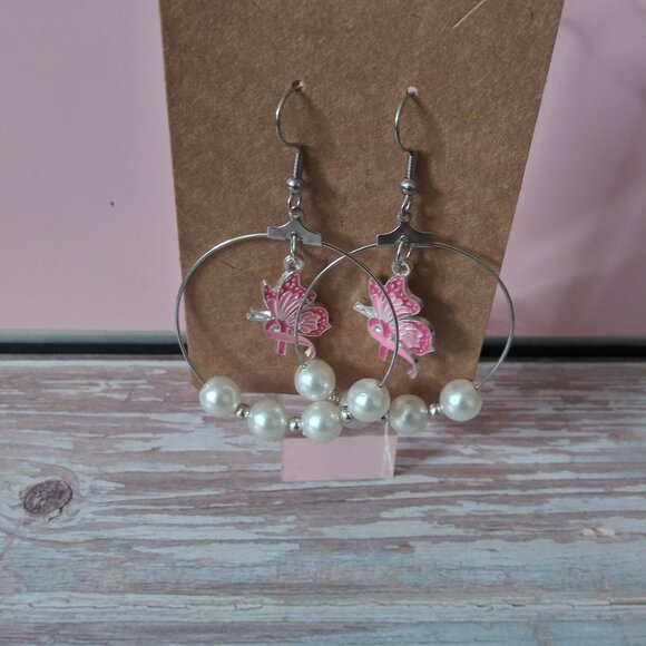 Hypoallergenic Silver Hoop Earrings with Breast Cancer Ribbon/Butterfly - Picture 5 of 5